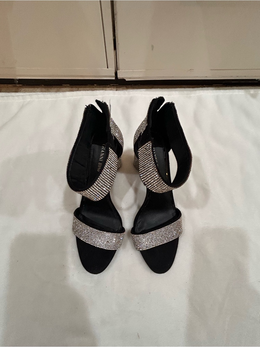 Gianni Bini Black Heeled Sandals with Silver Rhinestone Straps